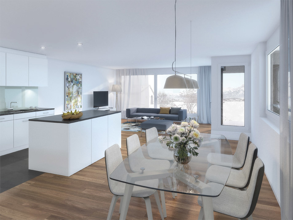 eg_wohnung_1.01_mfh_uetendorf_franz_gerber_architekten.jpg Visualisierung Erdgeschoss, Wohnung 1.01, Küche, Wohnen, Mehrfamilienhaus Uttigenstrasse 55, Uetendorf